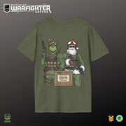 Green t-shirt with Christmas-themed graphic of soldiers and Grinch on a dark background