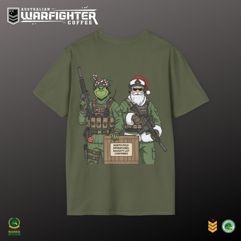 Green t-shirt with Christmas-themed graphic of soldiers and Grinch on a dark background