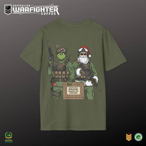 Green t-shirt with Christmas-themed graphic of soldiers and Grinch on a dark background