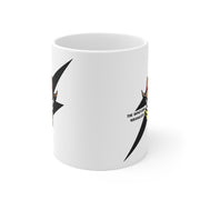 White mug with black and colorful graphics on a white background