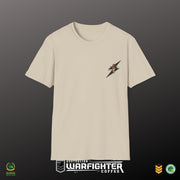 Beige t-shirt with a logo on the chest against a dark background, featuring Warfighter Coffee branding.