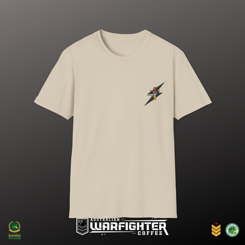 Beige t-shirt with a logo on the chest against a dark background, featuring Warfighter Coffee branding.