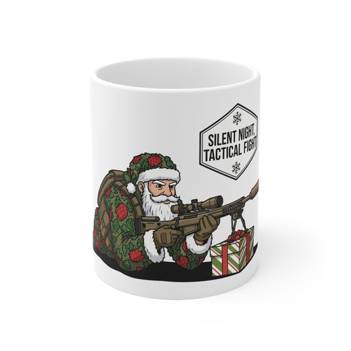 White mug with a graphic of Santa Claus holding a rifle and the text 'Silent Night Tactical Fight'.
