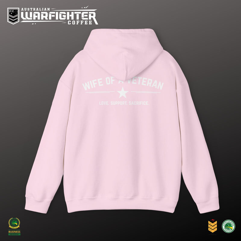 Wife of a Veteran Hoodie — Pink Military Support Pullover — front view on model, Australian Warfighters Coffee