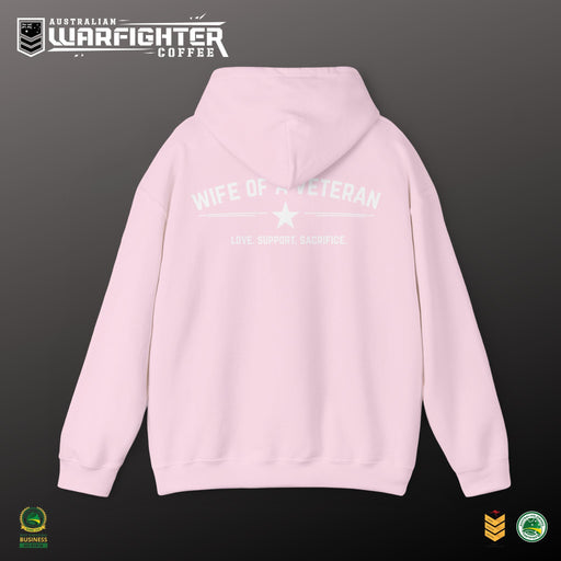 Wife of a Veteran Hoodie — Pink Military Support Pullover — front view on model, Australian Warfighters Coffee