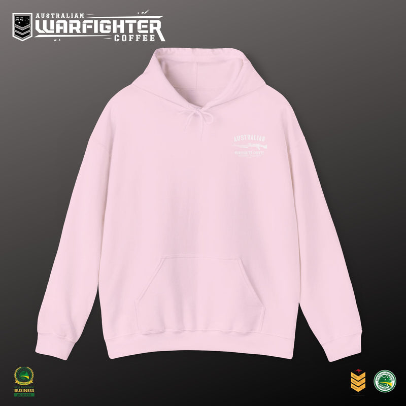 Wife of a Veteran Hoodie — Pink Military Support Pullover — back view on model, Australian Warfighters Coffee