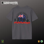 Gray t-shirt with a design featuring silhouettes, a flag, and text on a dark background.