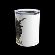 White tumbler with a military vehicle graphic and 'Mechanical' text on a white background