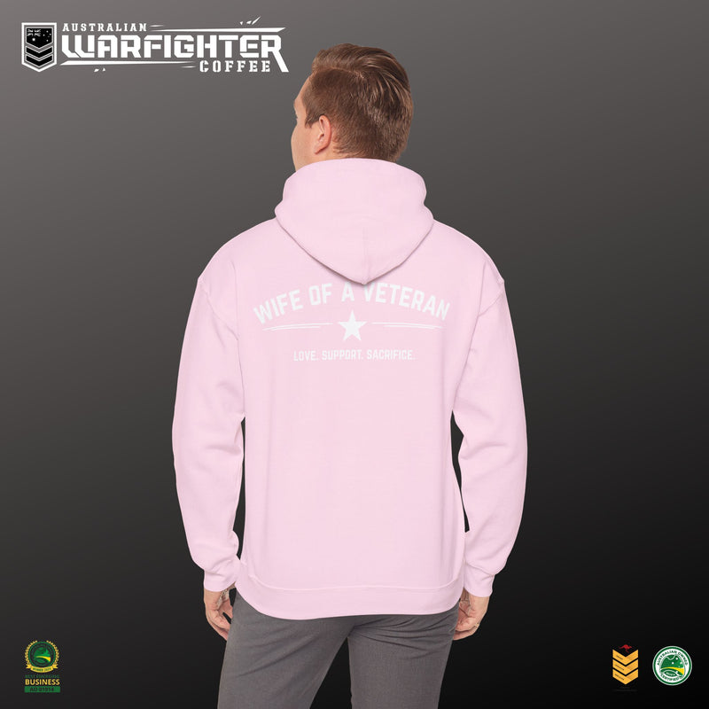 Wife of a Veteran Hoodie — Pink Military Support Pullover — graphic detail close-up, Australian Warfighters Coffee