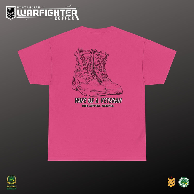 Wife of a Veteran T-Shirt — size chart, Australian Warfighters Coffee
