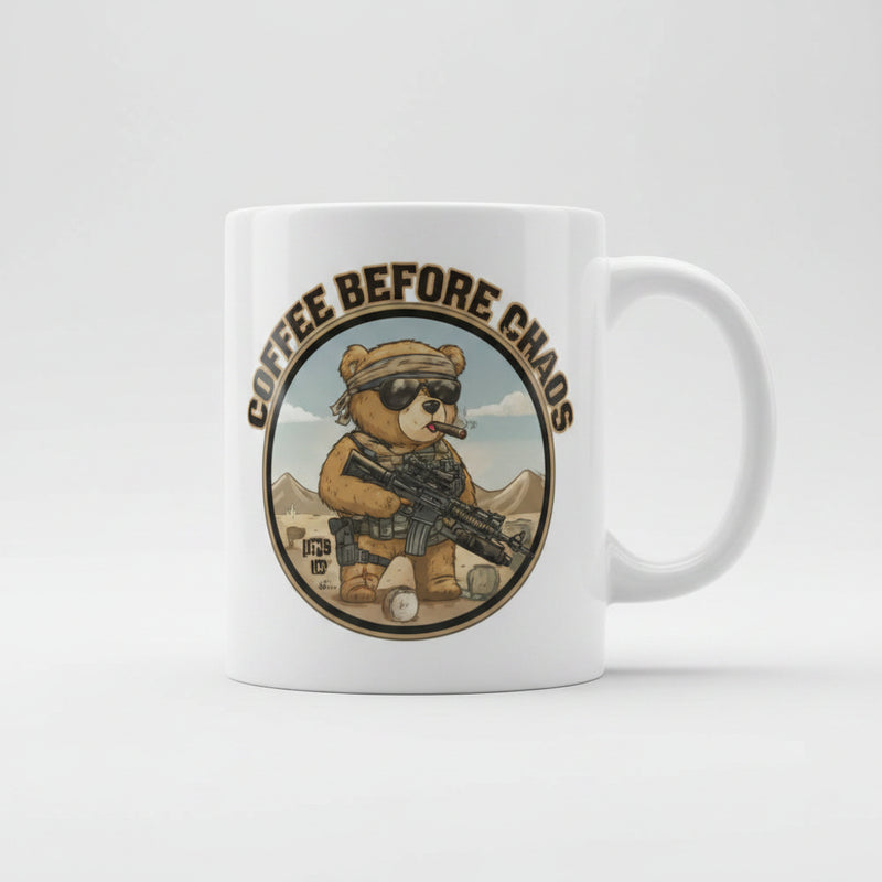Coffee Mug — "Coffee Before Chaos" Tactical Bear Ceramic Mug (11oz) - Australian Warfighters Coffee