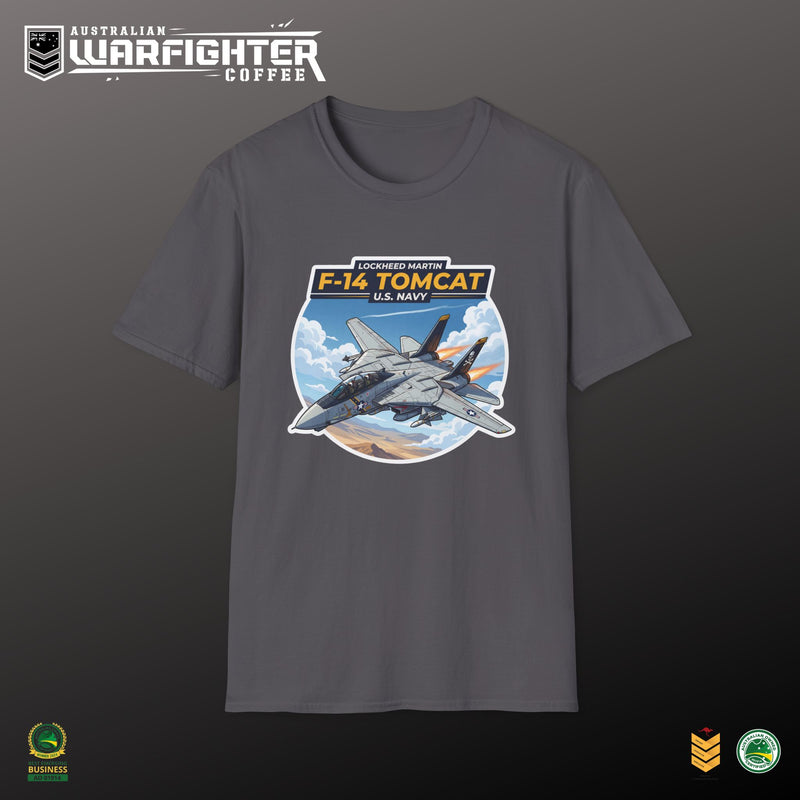F-14 Tomcat US Navy Aviation T-Shirt — Vintage Fighter Jet Graphic — model wearing — colour variant, Australian Warfighters Coffee