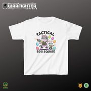 White t-shirt with 'Tactical Egg Squad' graphic on a dark background