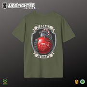 Green t-shirt with a graphic design of a grenade and text on a dark background, featuring the 'Australian Warfighter Coffee' brand.
