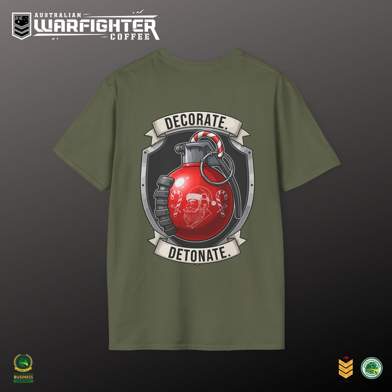 Green t-shirt with a graphic design of a grenade and text on a dark background, featuring the 'Australian Warfighter Coffee' brand.