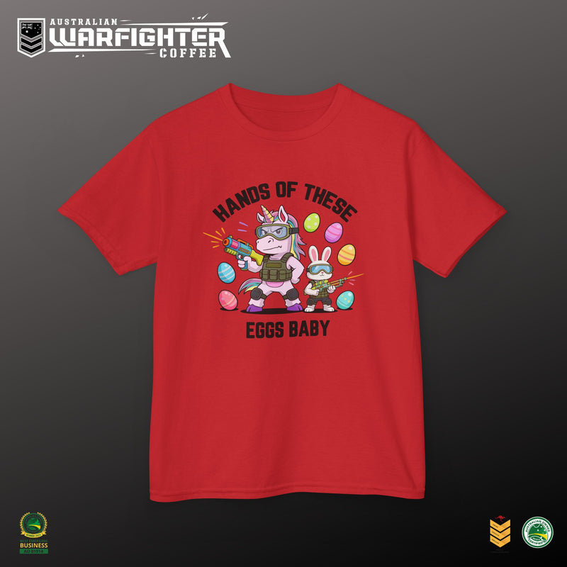 Kids Tee — "Hands of these eggs baby!"