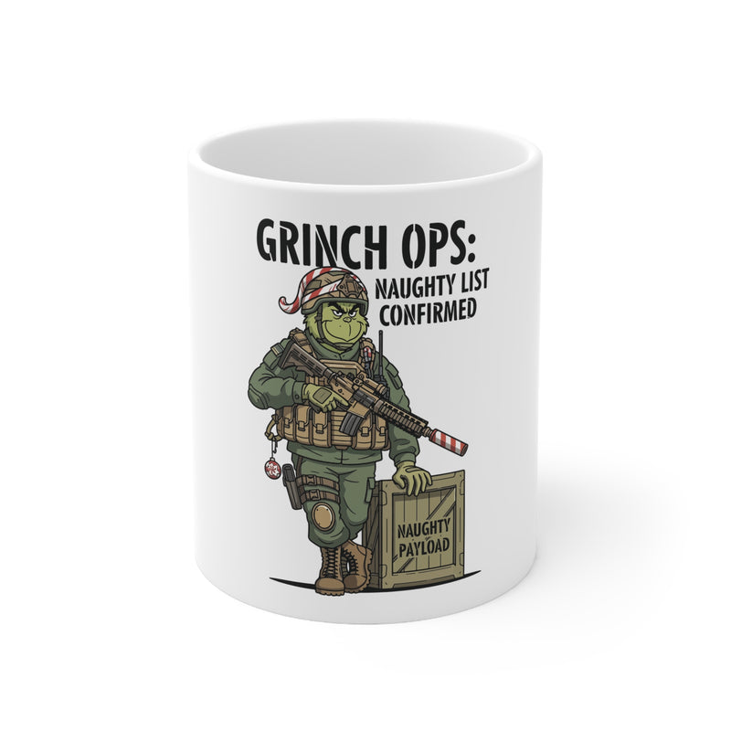 White mug with a graphic of a Grinch in military gear and text on a white background