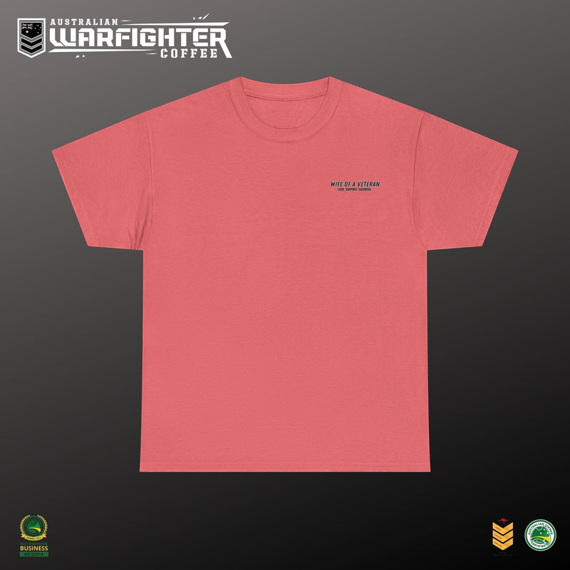 Wife of a Veteran T-Shirt — model back — alternate colour, Australian Warfighters Coffee