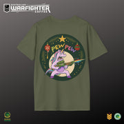 Green t-shirt with a colorful graphic of a unicorn shooting a gun and the text 'PEW PEW' on a dark background.