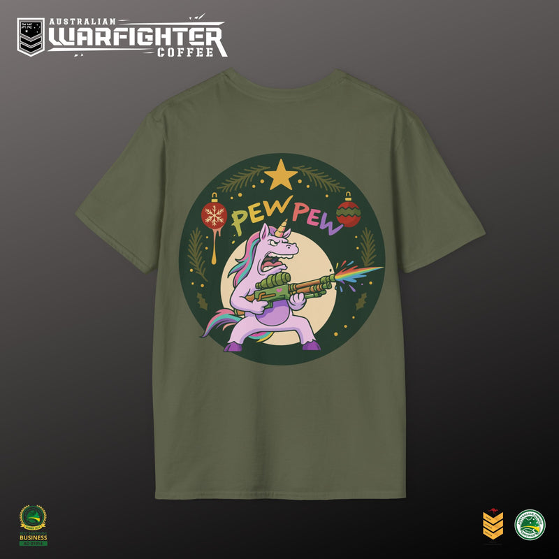 Green t-shirt with a colorful graphic of a unicorn shooting a gun and the text 'PEW PEW' on a dark background.
