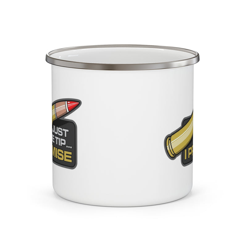 Enamel Camping Mug — 'Just the Tip... I Promise' Bullet Graphic Camper Cup — back view detail, Australian Warfighters Coffee