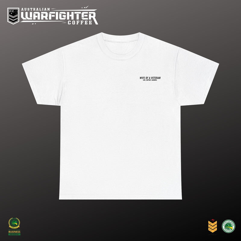 Wife of a Veteran T-Shirt — model front — alternate colour, Australian Warfighters Coffee