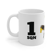 White mug with black text '1 Sqn' and a logo on a white background