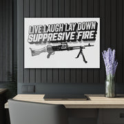 Live Laugh Lay Down Suppressive Fire Acrylic Print — size comparison with hand, Australian Warfighters Coffee