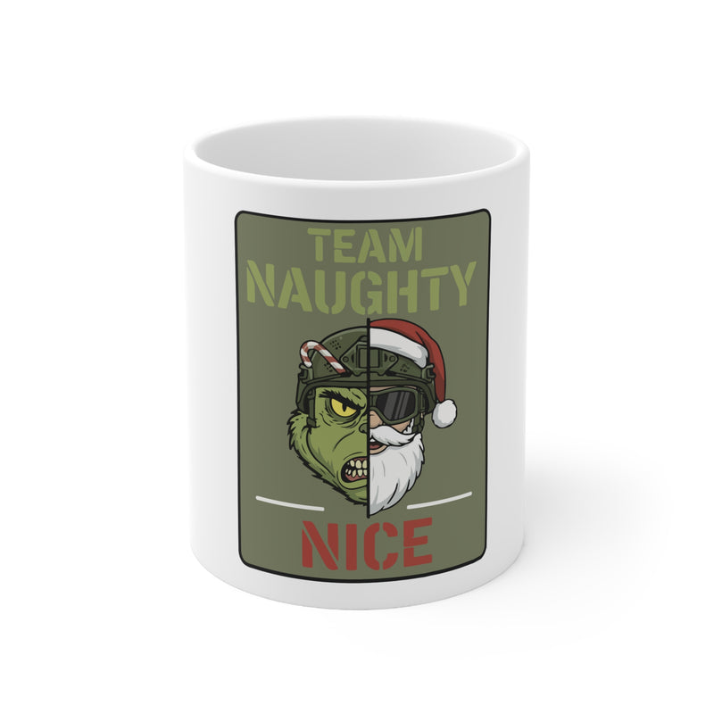 White mug with a graphic design of a character split between 'Team Naughty' and 'Nice', on a white background.
