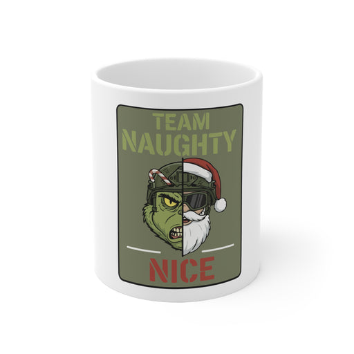 White mug with a graphic design of a character split between 'Team Naughty' and 'Nice', on a white background.
