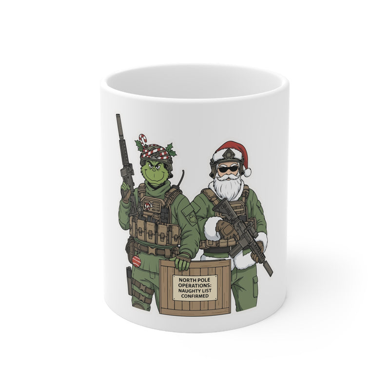 White mug with Christmas-themed graphic of a soldier and Grinch holding weapons and a box.