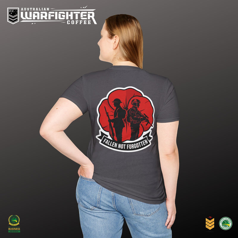 Person wearing a dark gray t-shirt with a red and black graphic design on the back, standing against a dark background. 'Australian Warfighter Coffee' logo is visible.
