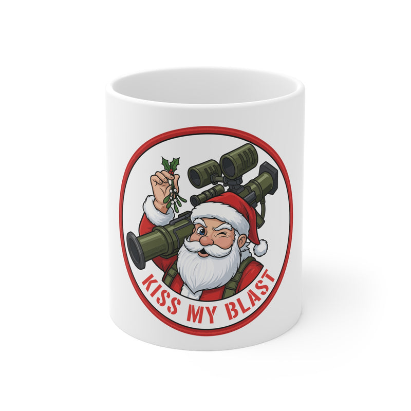 White mug with a graphic of Santa Claus holding a mortar and text 'Kiss My Blast' on a white background