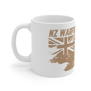 White mug with brown 'NZ Warfighter' design featuring a map of New Zealand and a flag on a white background