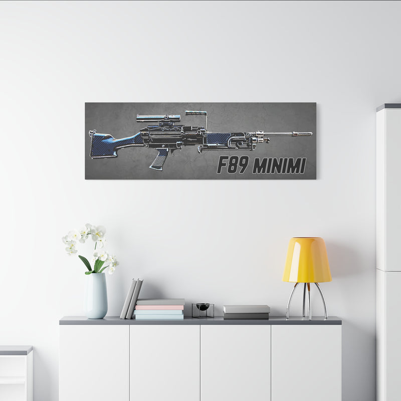 F89 Minimi rifle artwork on a wall above a white cabinet with decor items.