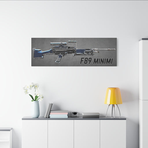 F89 Minimi rifle artwork on a wall above a white cabinet with decor items.