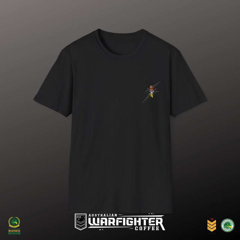 Black t-shirt with a small graphic on the chest against a dark background, featuring 'Australian Warfighter Coffee' branding.