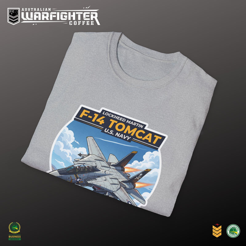 F-14 Tomcat US Navy Aviation T-Shirt — Vintage Fighter Jet Graphic — folded flat lay, Australian Warfighters Coffee