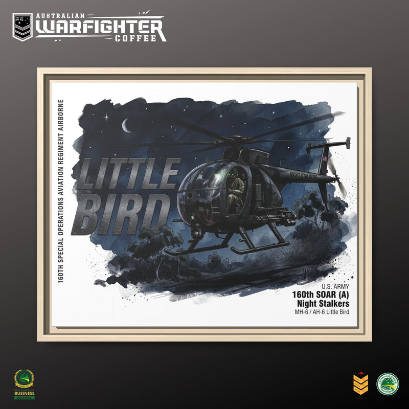 Little Bird Helicopter Framed Canvas Print — Military Aviation Wall Art