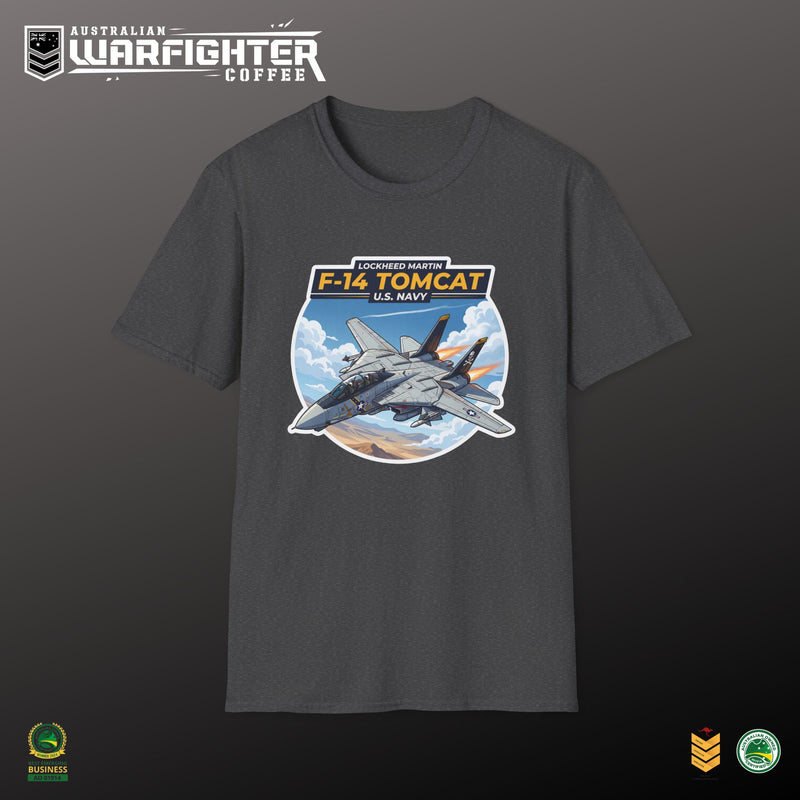 F-14 Tomcat US Navy Aviation T-Shirt — Vintage Fighter Jet Graphic — worn casual, Australian Warfighters Coffee