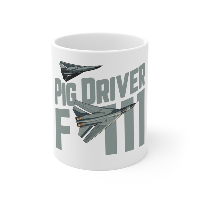 White mug with fighter jet design and text 'Pig Driver' on a white background