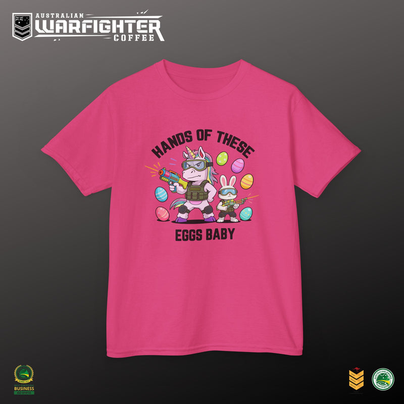 Kids Tee — "Hands of these eggs baby!"