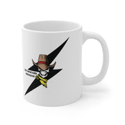 White mug with a graphic design featuring a cowboy hat and star on a white background