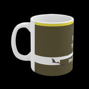 Mug with a design featuring text and a map on a white background