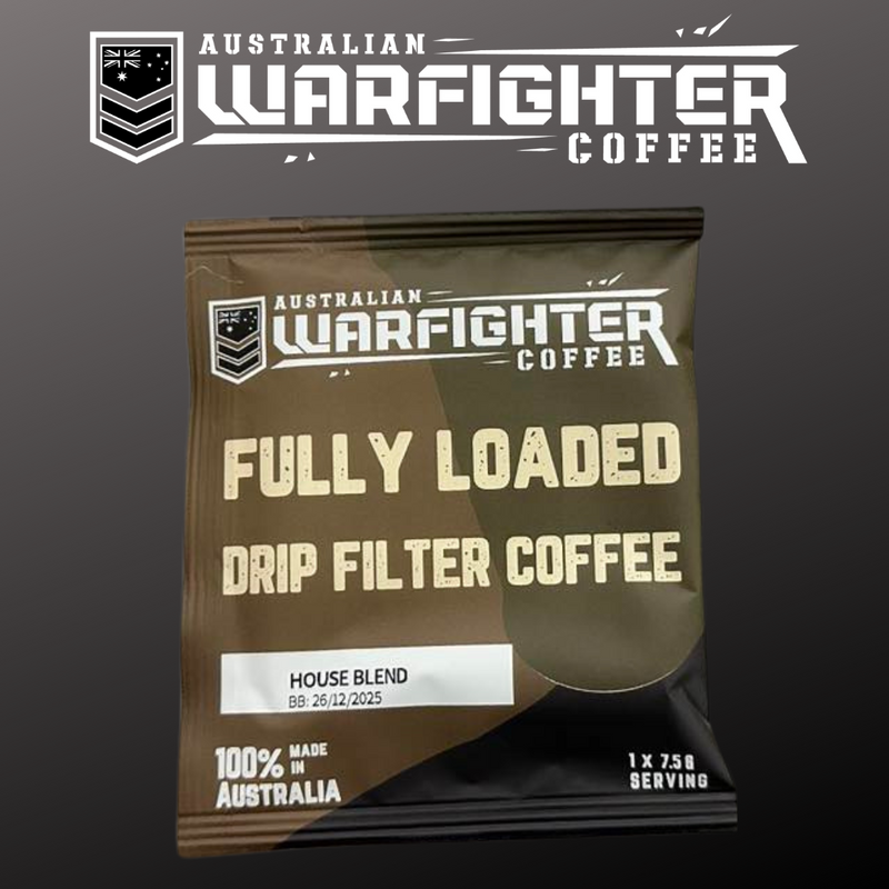 Packaging of Australian Warfighter Coffee's Fully Loaded Drip Filter Coffee, with branding and product information displayed.
