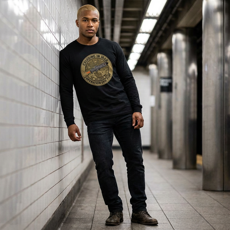 Cruising in Iraq Patch Longsleeve Tee - Operation Epic Fury Military Shirt — front view on model, Australian Warfighters Coffee