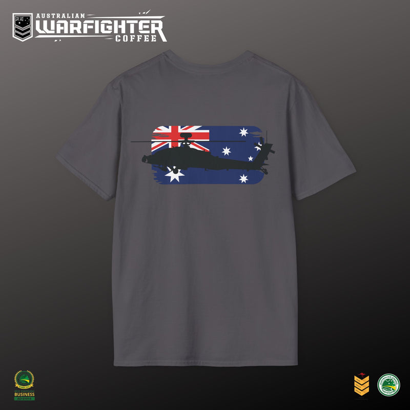 Gray t-shirt with Australian flag design and 'Australian Warfighter Coffee' branding on a dark background.
