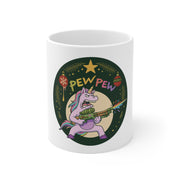 White mug with a colorful unicorn design and 'PEW PEW' text on a white background