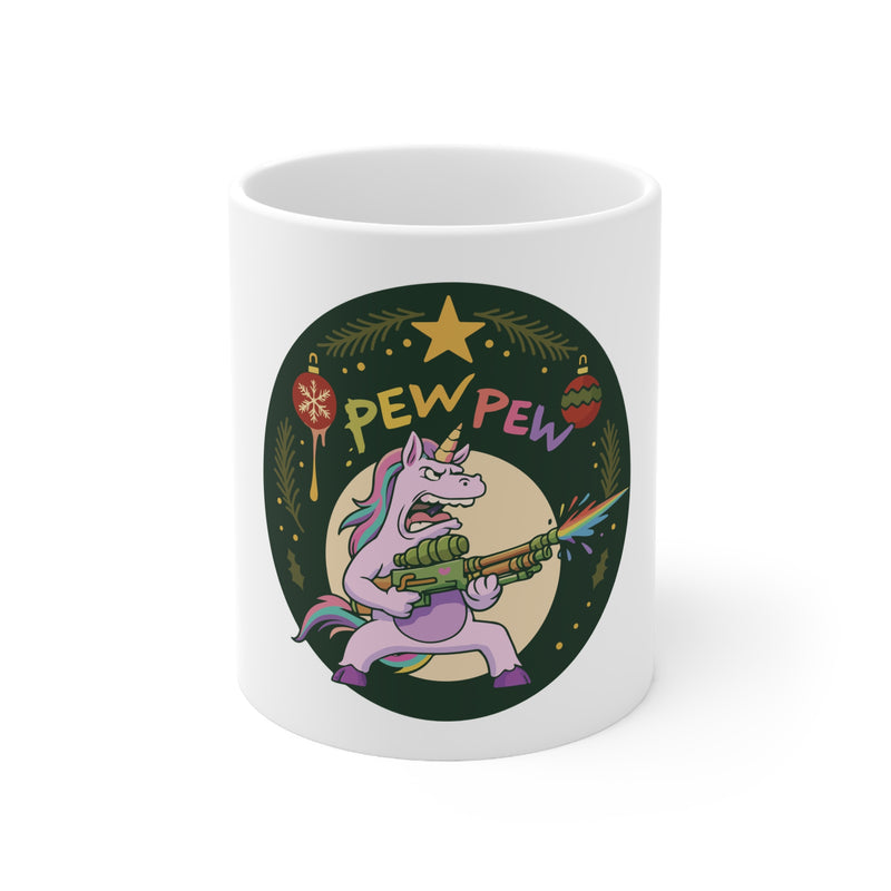 White mug with a colorful unicorn design and 'PEW PEW' text on a white background