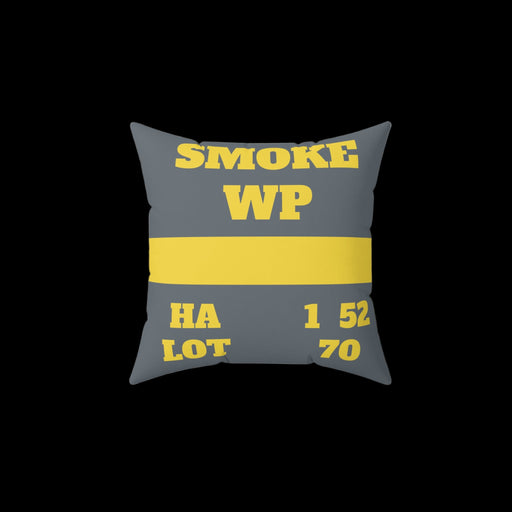 Gray pillow with yellow text and numbers on a white background